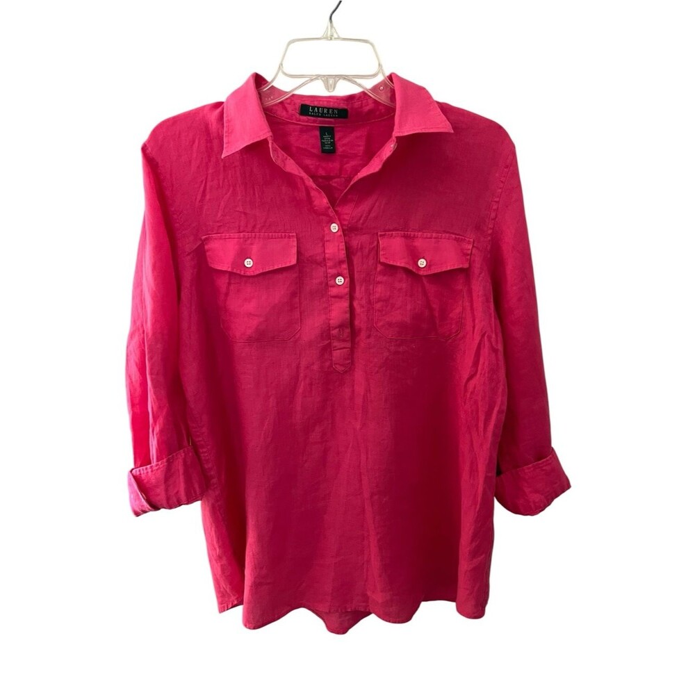 Lauren Ralph Lauren 100% Linen Hot Pink Roll Tab Sleeve Utility Popover Blouse L